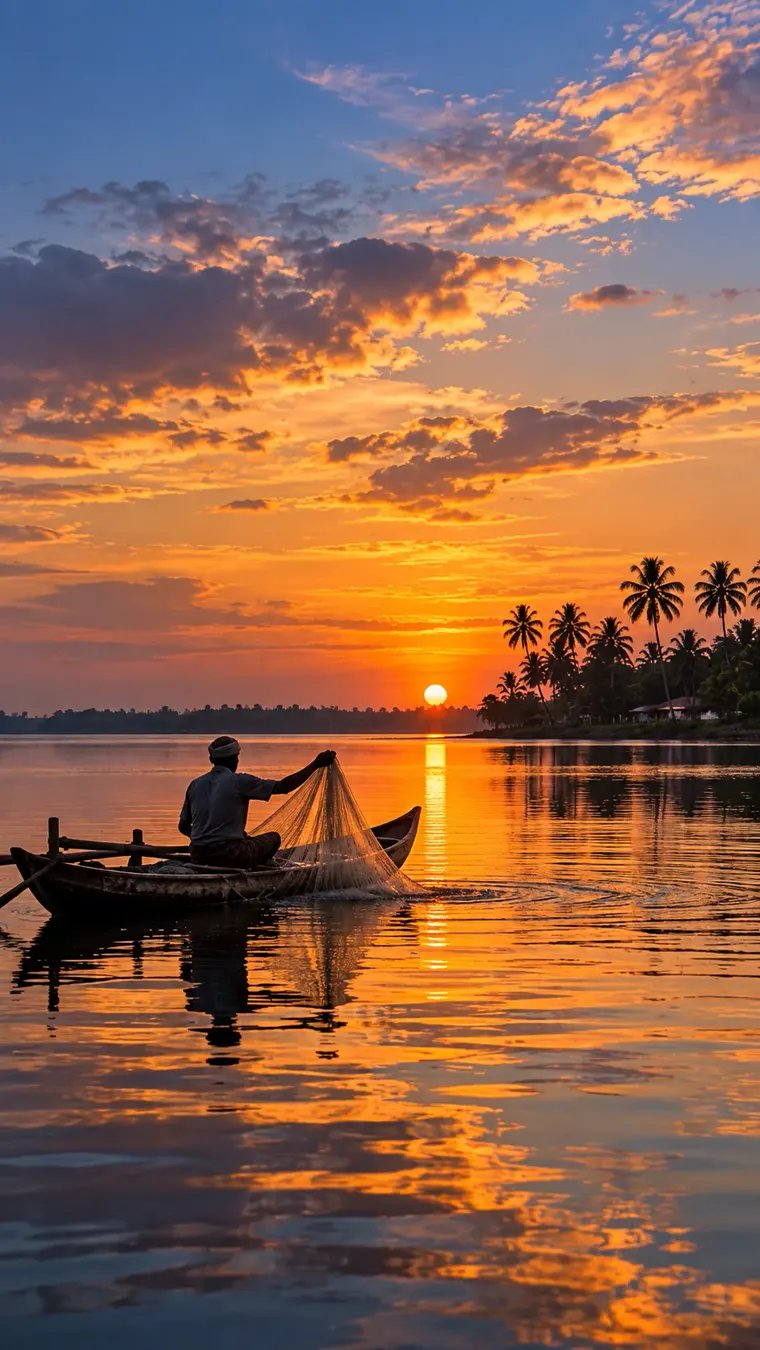 A fisherman casting a net from a wooden canoe on a calm lagoon at sunrise