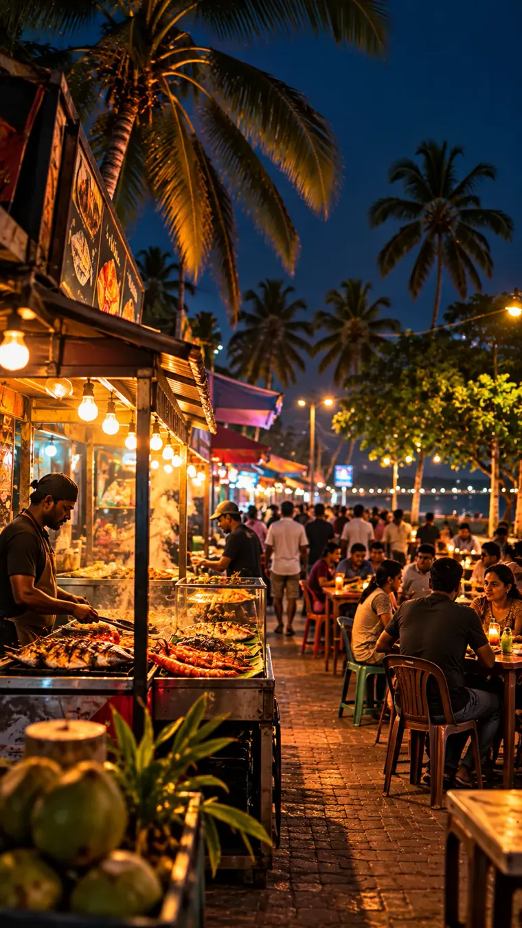 Food stalls with grilled seafood and fresh coconuts at a busy night market